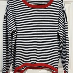Light Weight sweater, blue & white striped, with red trim, Size M